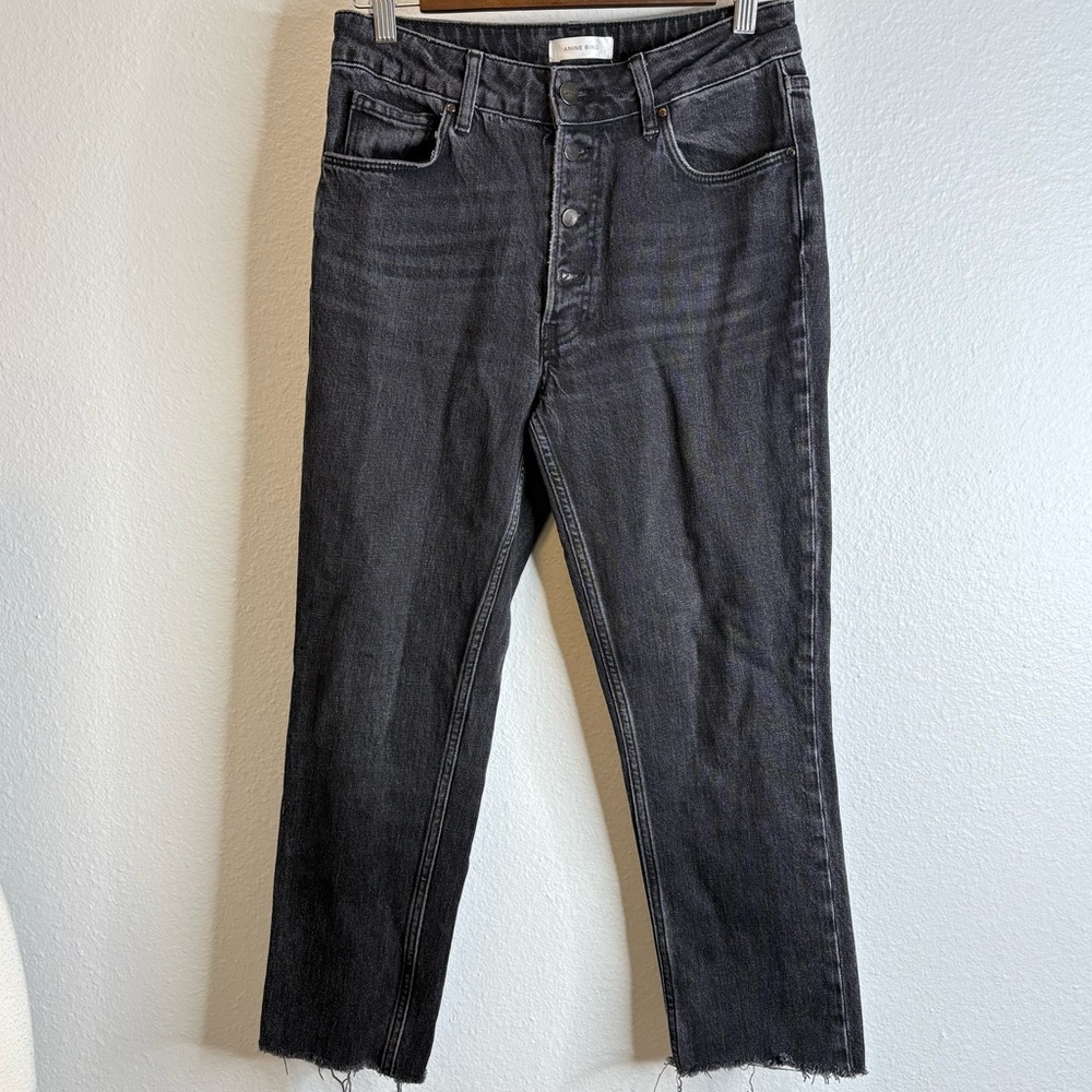Anine Bing Raw Hem Button Fly Black Straight Leg Jeans
